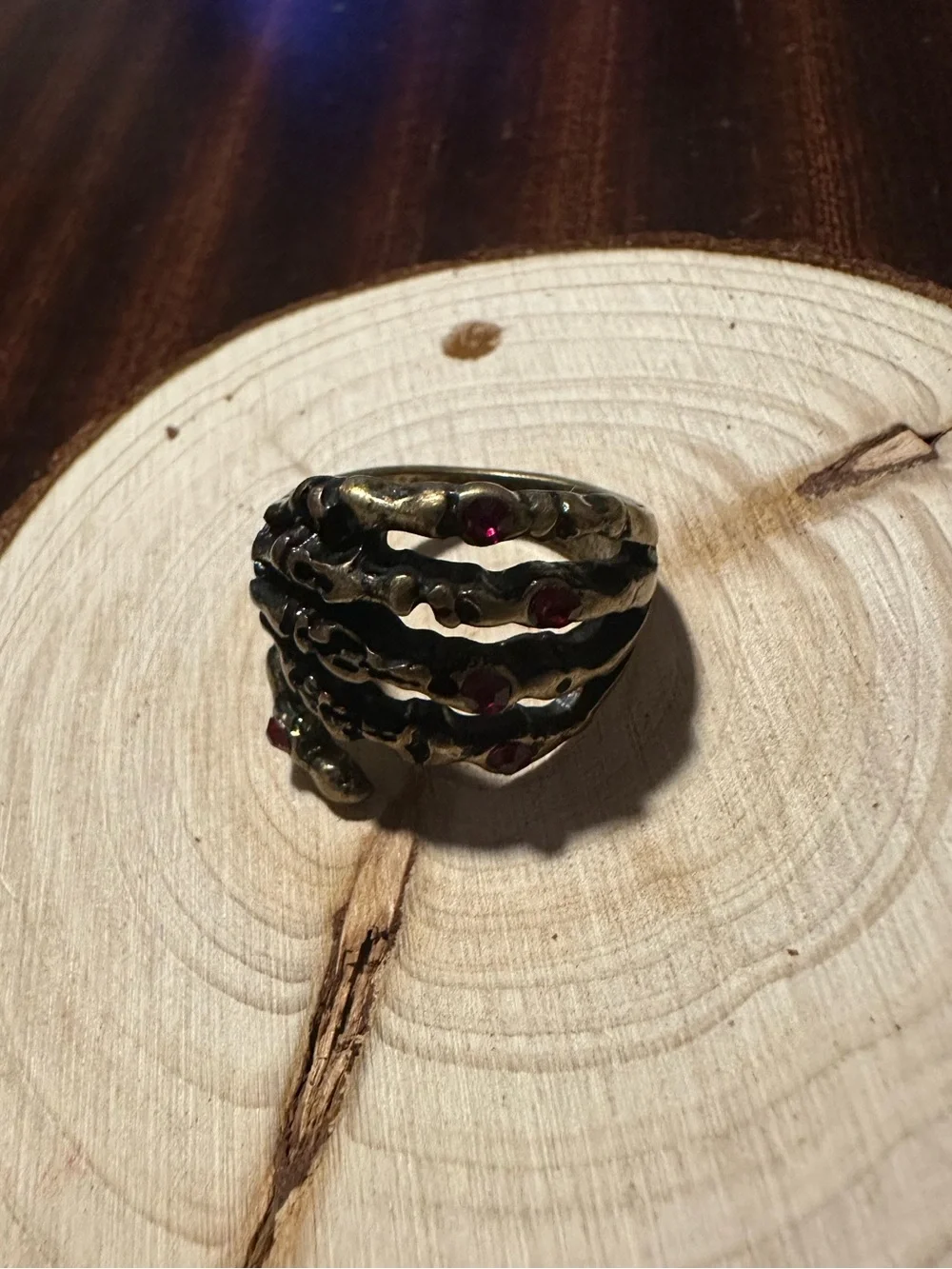 Bronze-Tone Skeleton Hand Ring with Rhinestones Size 6